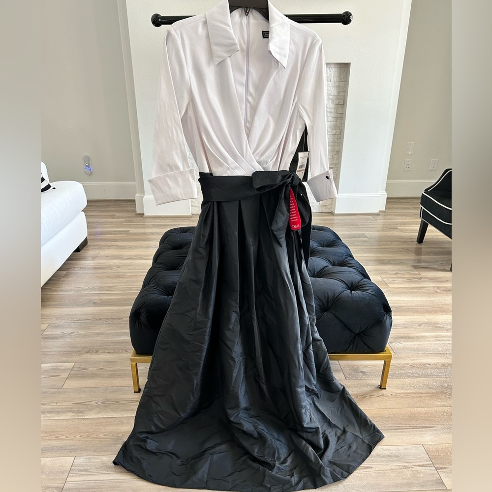 Jessica Howard Black and White Tie Waist Taffeta Ball Gown w/ pockets - NWT